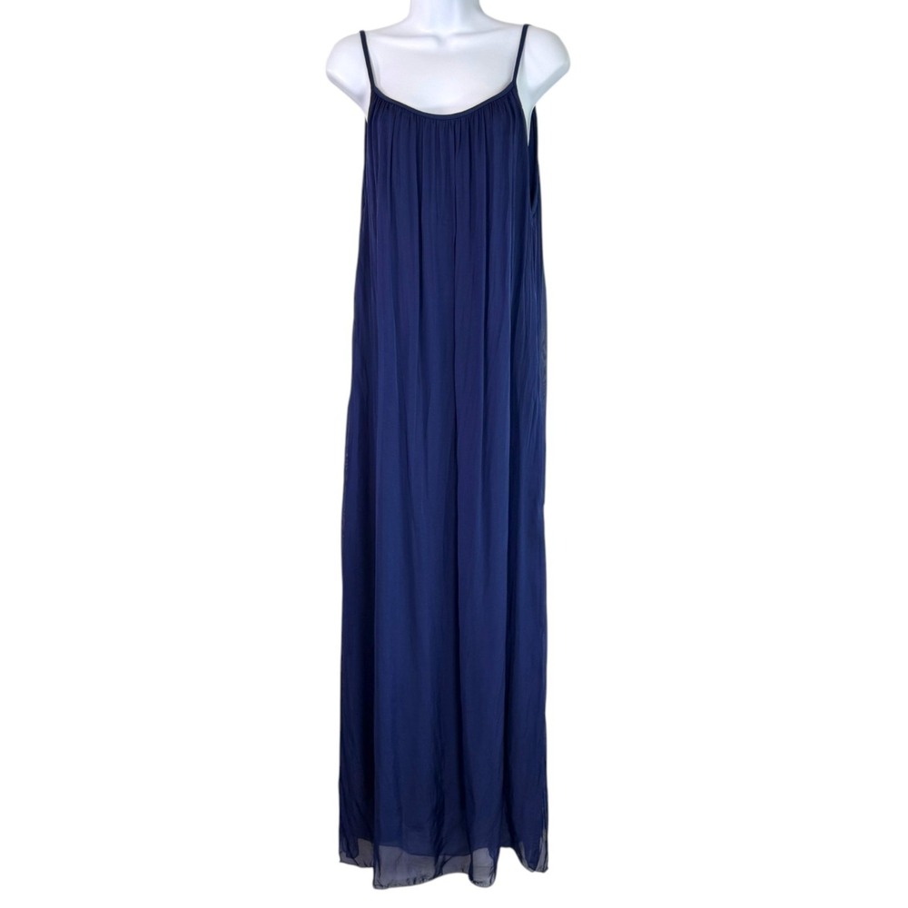 Rosemarine Italian Made Silk Blend Maxi Dress M Navy Boho Coastal Quiet Luxury - Picture 2 of 9
